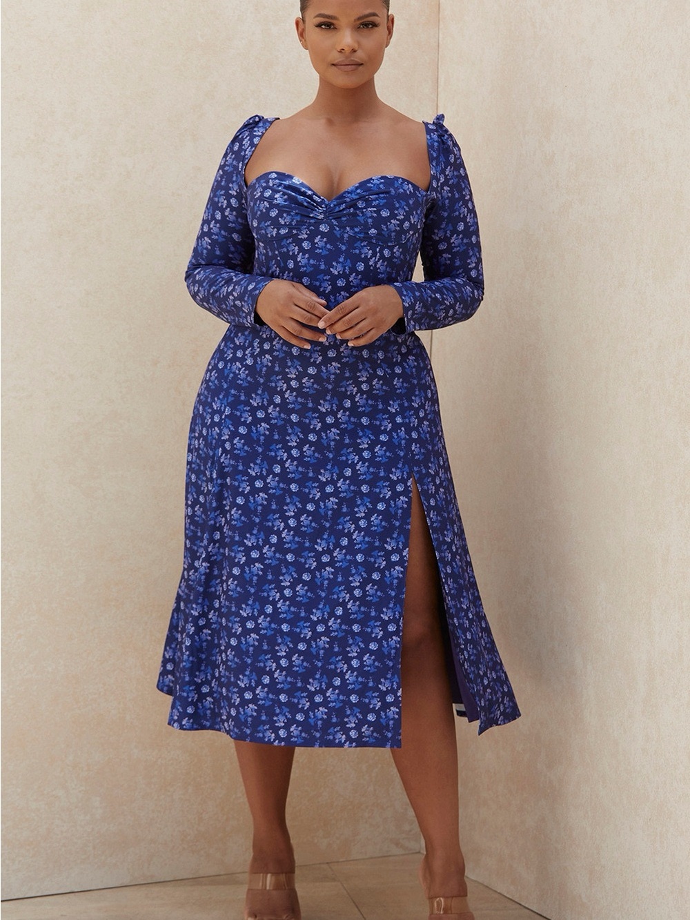 House of CB Gaia Blue Floral Sweetheart Midi Dress with Long Sleeves L+